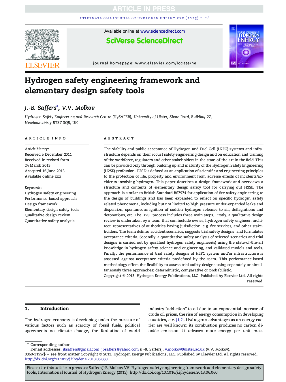 Hydrogen safety engineering framework and elementary design safety tools