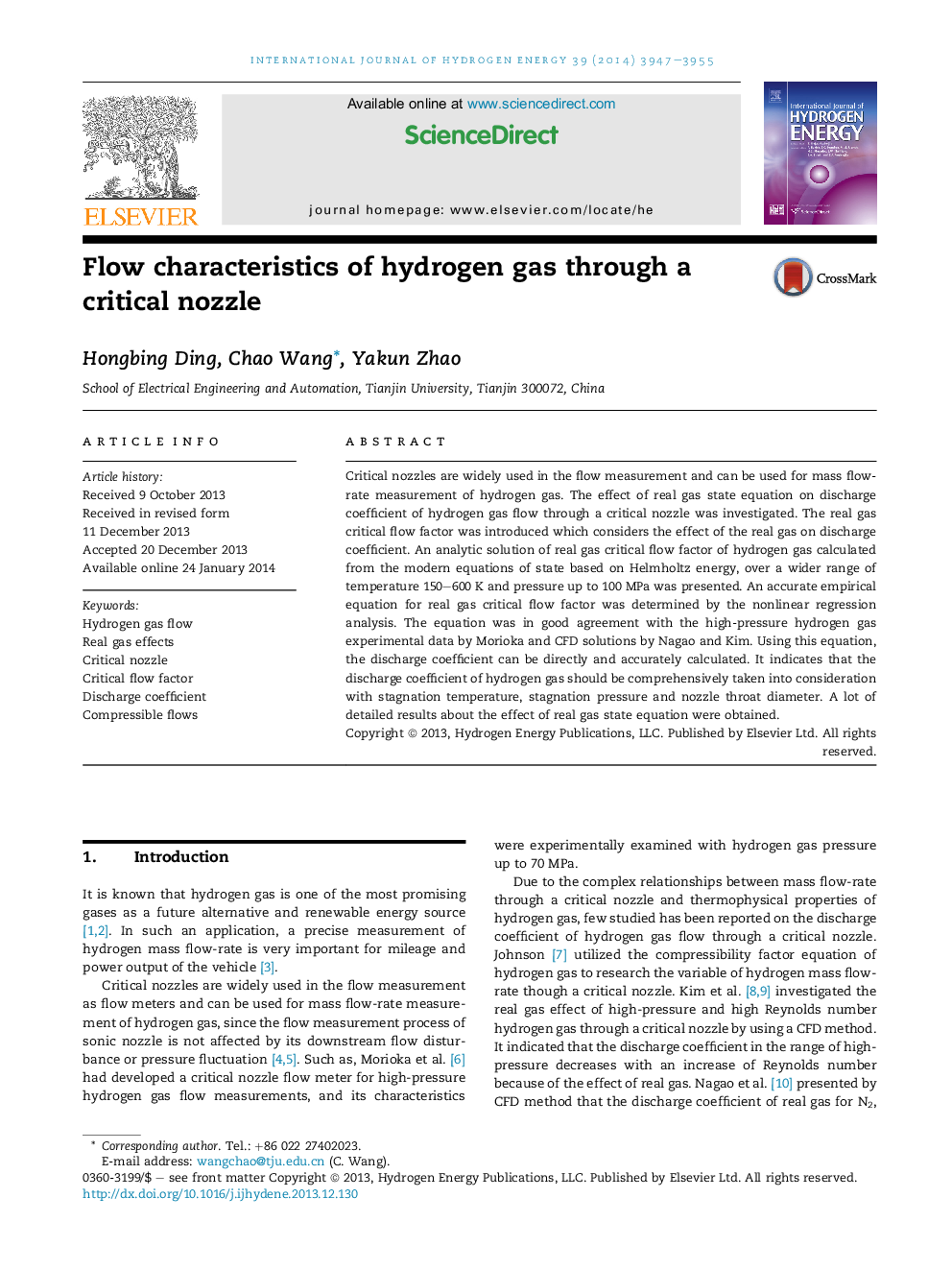 Flow characteristics of hydrogen gas through a critical nozzle