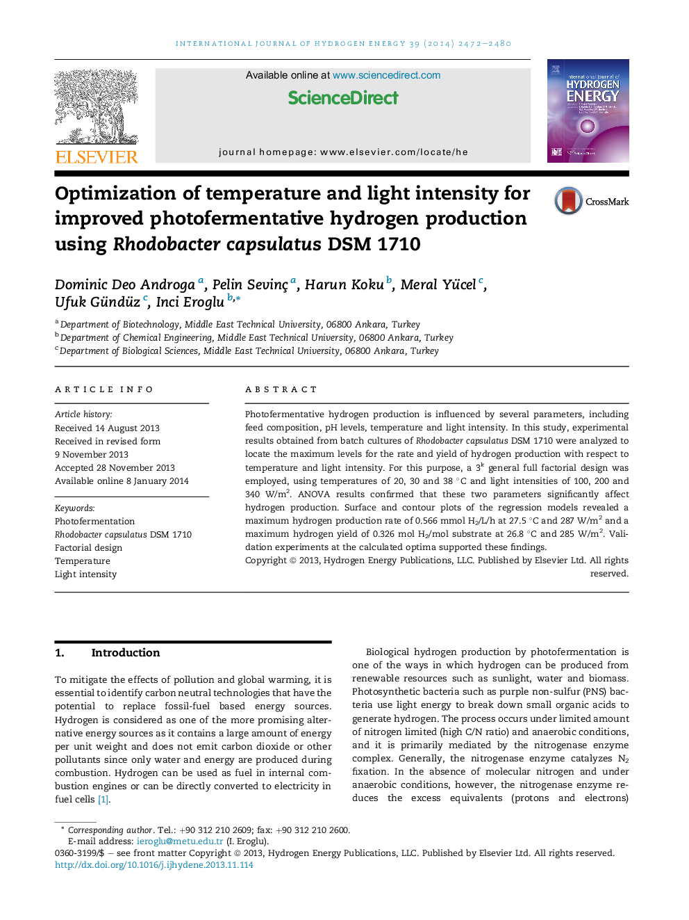 Optimization of temperature and light intensity for improved photofermentative hydrogen production using Rhodobacter capsulatus DSM 1710