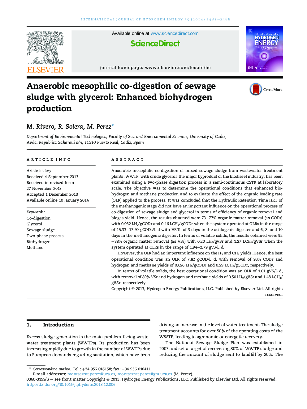 Anaerobic mesophilic co-digestion of sewage sludge with glycerol: Enhanced biohydrogen production