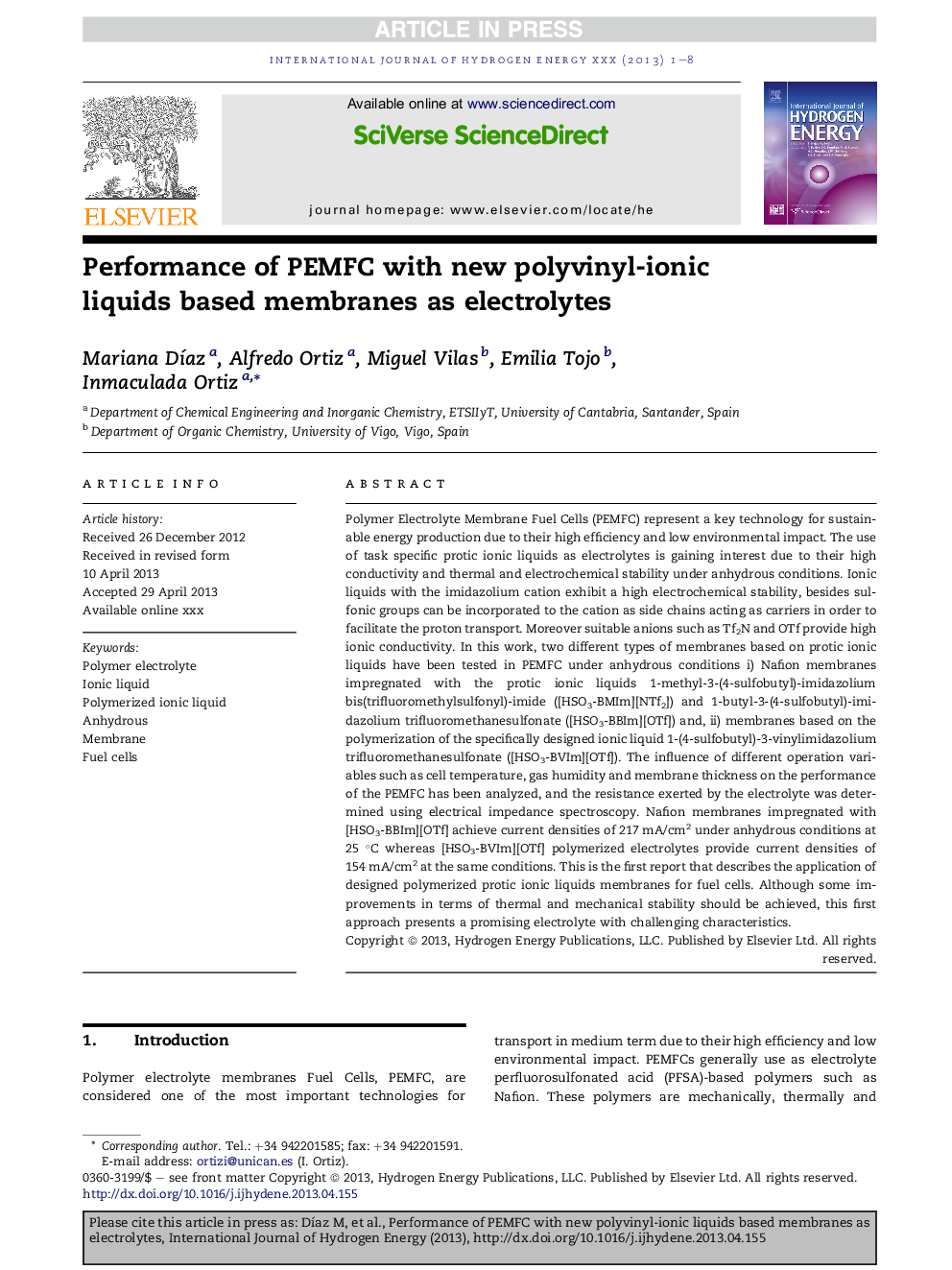 Performance of PEMFC with new polyvinyl-ionic liquids based membranes as electrolytes