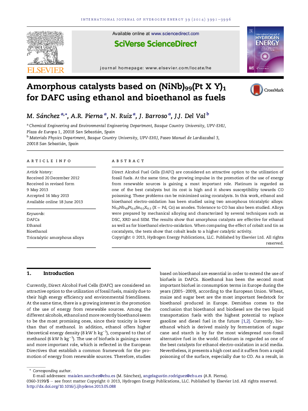 Amorphous catalysts based on (NiNb)99(Pt X Y)1 forÂ DAFC using ethanol and bioethanol as fuels