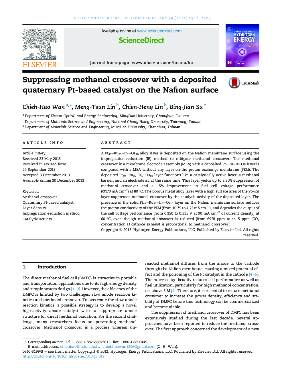 Suppressing methanol crossover with a deposited quaternary Pt-based catalyst on the Nafion surface