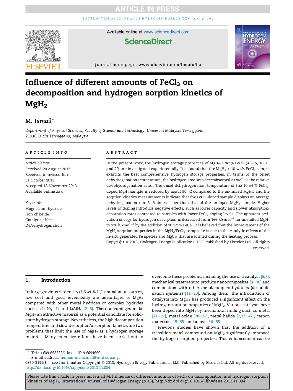 Influence of different amounts of FeCl3 on decomposition and hydrogen sorption kinetics of MgH2