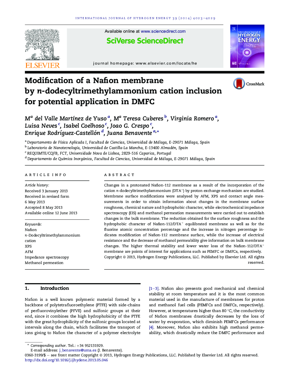 Modification of a Nafion membrane by n-dodecyltrimethylammonium cation inclusion for potential application in DMFC