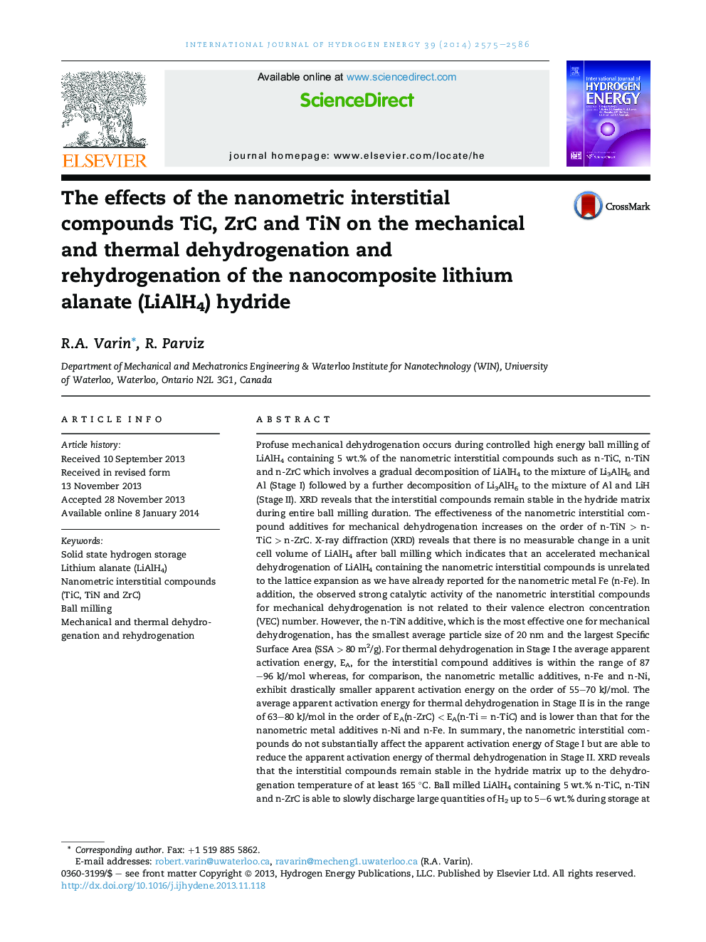 The effects of the nanometric interstitial compounds TiC, ZrC and TiN on the mechanical and thermal dehydrogenation and rehydrogenation of the nanocomposite lithium alanate (LiAlH4) hydride