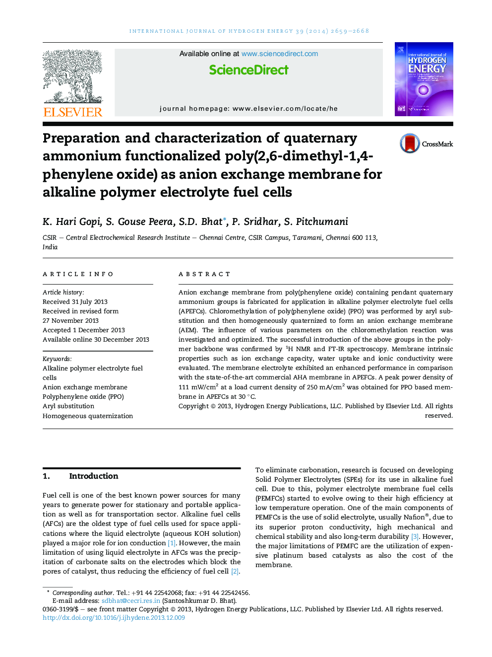 Preparation and characterization of quaternary ammonium functionalized poly(2,6-dimethyl-1,4-phenylene oxide) as anion exchange membrane for alkaline polymer electrolyte fuel cells