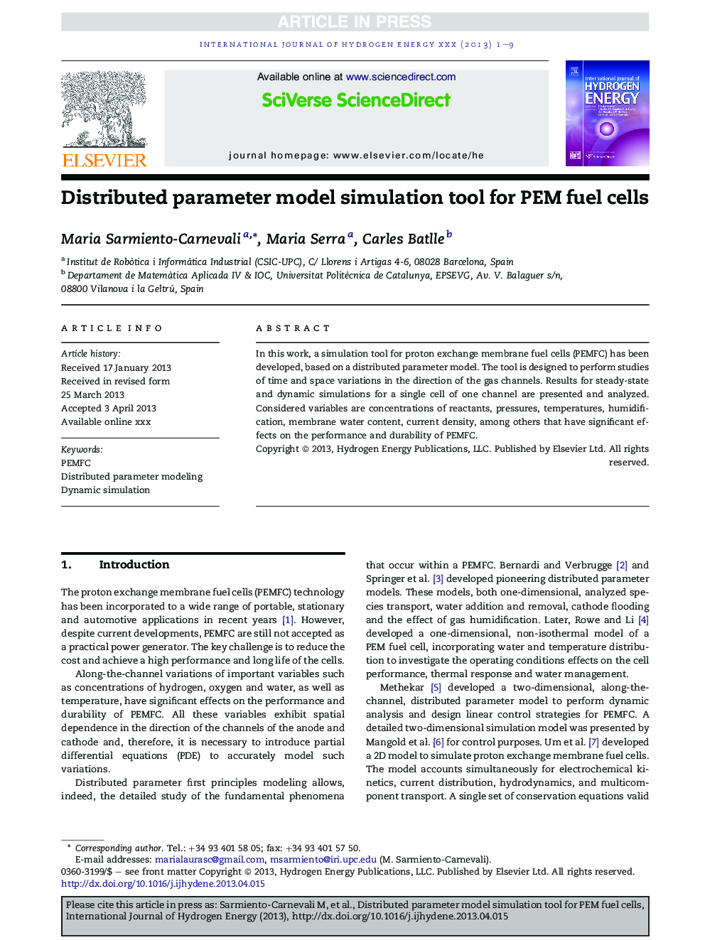 Distributed parameter model simulation tool for PEM fuel cells