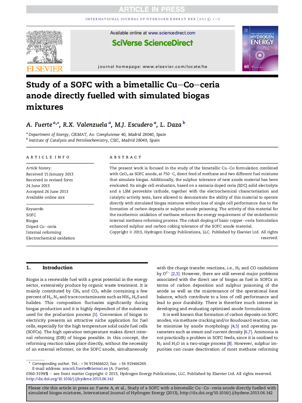 Study of a SOFC with a bimetallic Cu-Co-ceria anode directly fuelled with simulated biogas mixtures