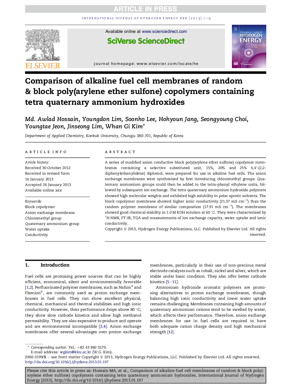 Comparison of alkaline fuel cell membranes of random &Â block poly(arylene ether sulfone) copolymers containing tetra quaternary ammonium hydroxides