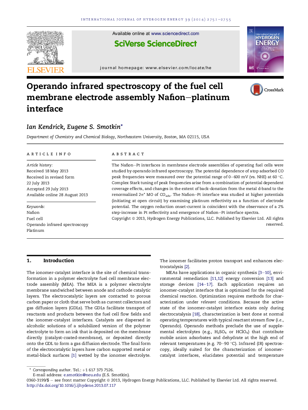 Operando infrared spectroscopy of the fuel cell membrane electrode assembly Nafion-platinum interface