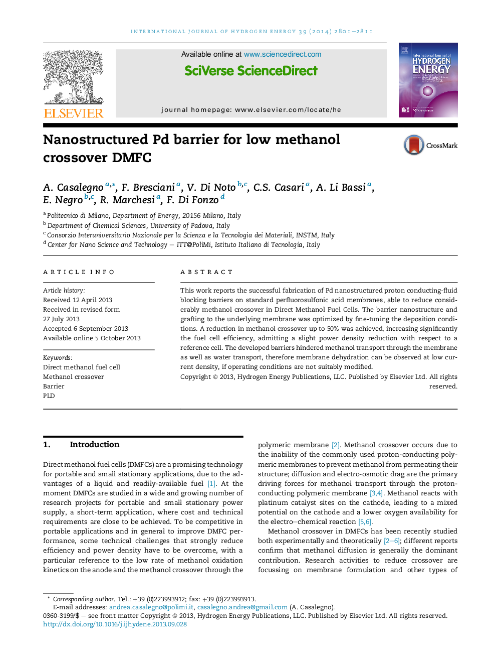 Nanostructured Pd barrier for low methanol crossover DMFC