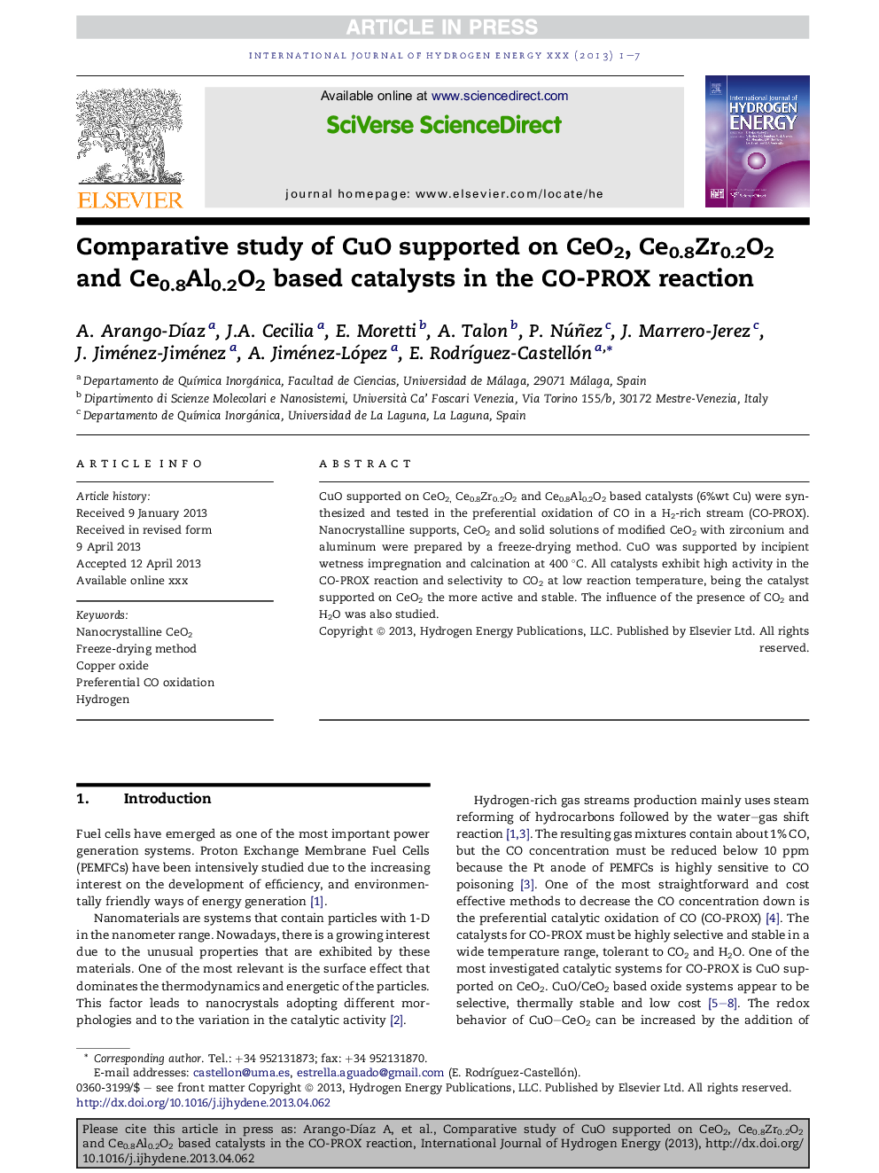 Comparative study of CuO supported on CeO2, Ce0.8Zr0.2O2 andÂ Ce0.8Al0.2O2 based catalysts in the CO-PROX reaction