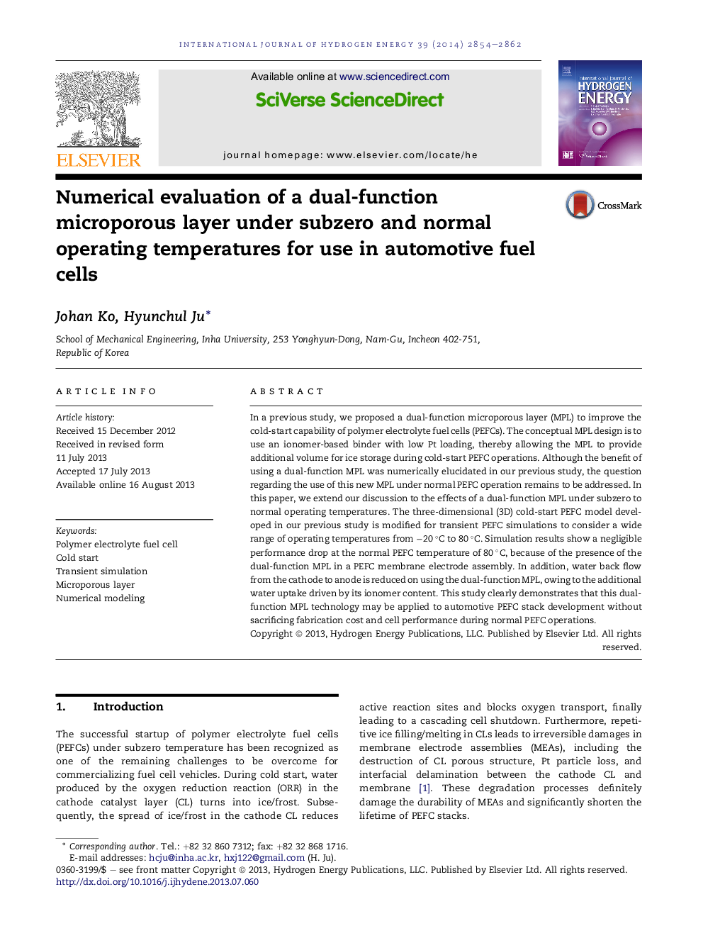 Numerical evaluation of a dual-function microporous layer under subzero and normal operating temperatures for use in automotive fuel cells