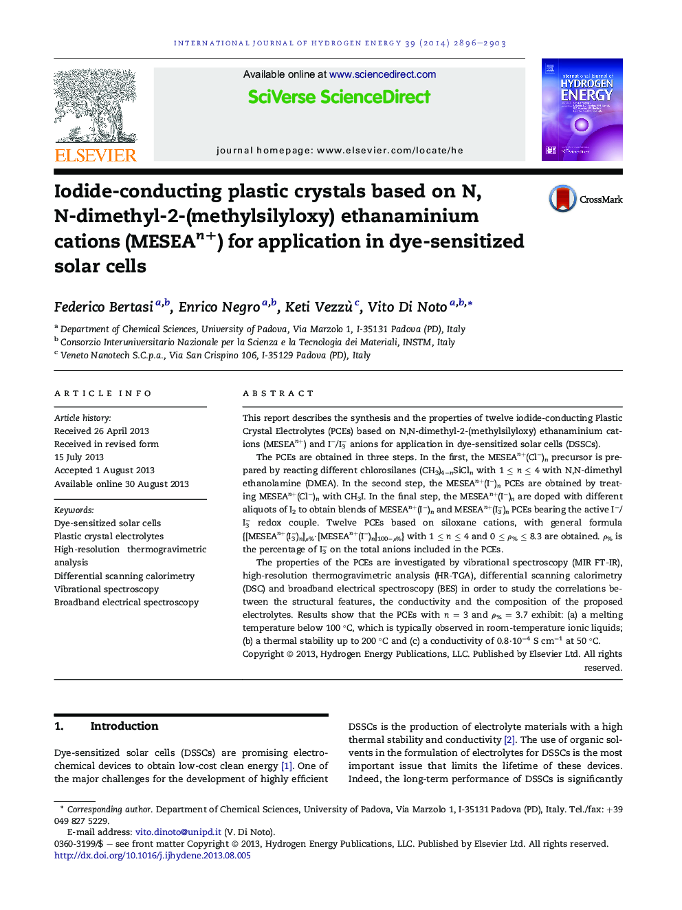 Iodide-conducting plastic crystals based on N,N-dimethyl-2-(methylsilyloxy) ethanaminium cations (MESEAn+) for application in dye-sensitized solar cells