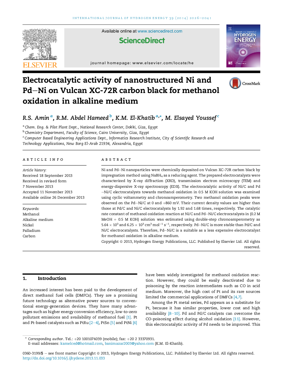 Electrocatalytic activity of nanostructured Ni and Pd-Ni on Vulcan XC-72R carbon black for methanol oxidation in alkaline medium