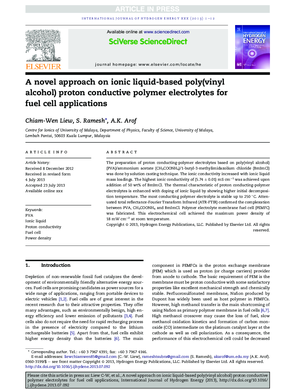 A novel approach on ionic liquid-based poly(vinyl alcohol) proton conductive polymer electrolytes for fuel cell applications