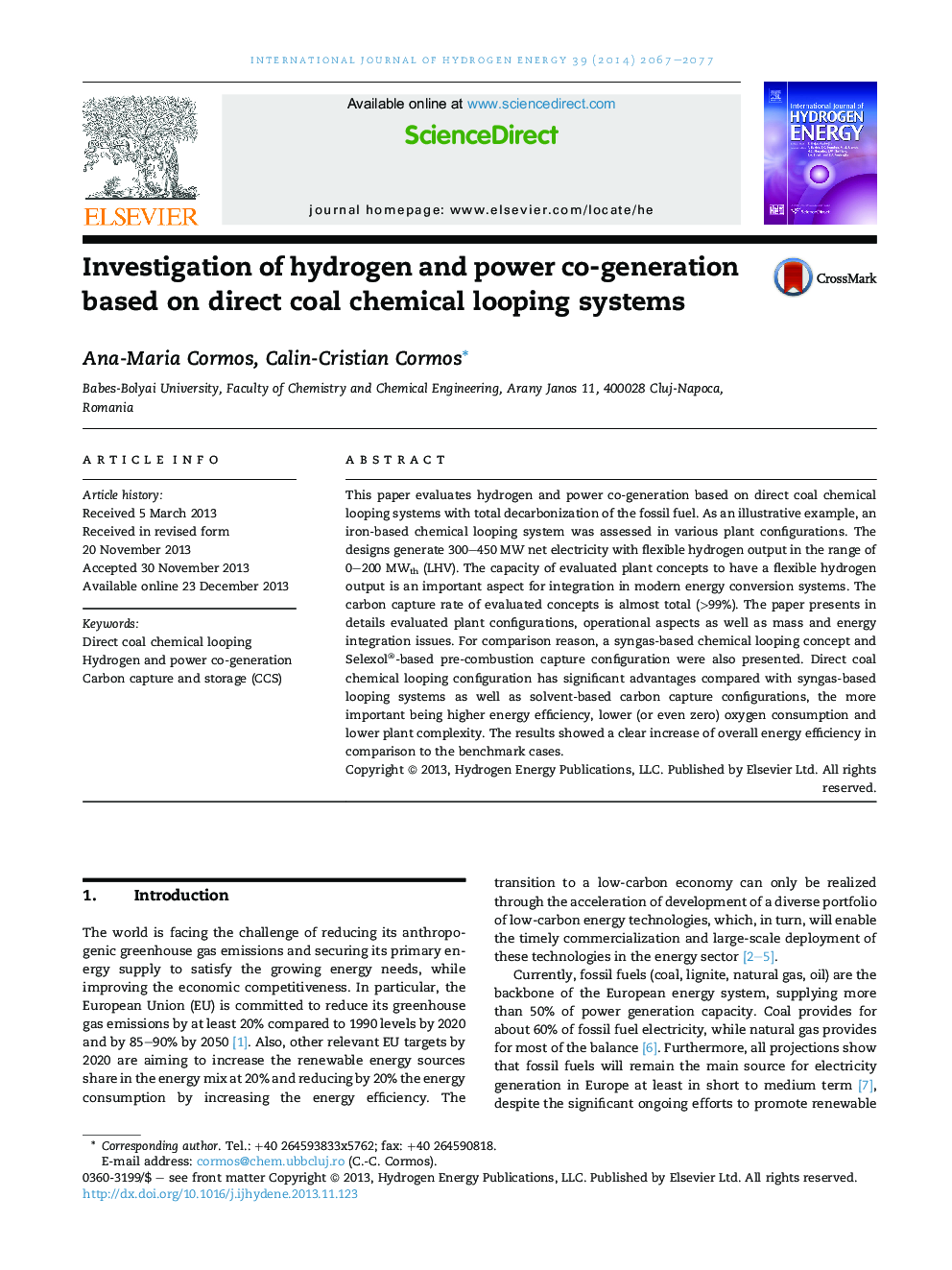 Investigation of hydrogen and power co-generation based on direct coal chemical looping systems