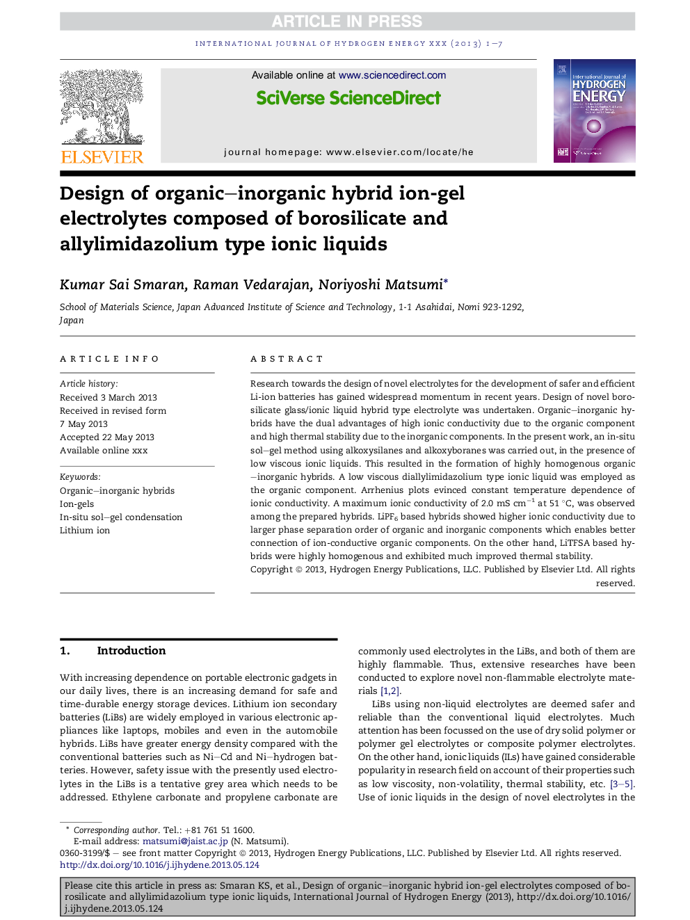 Design of organic-inorganic hybrid ion-gel electrolytes composed of borosilicate and allylimidazolium type ionic liquids