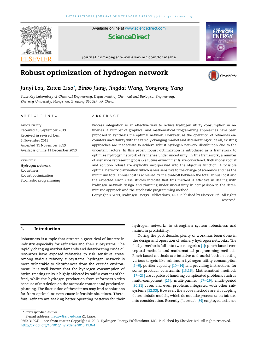 Robust optimization of hydrogen network