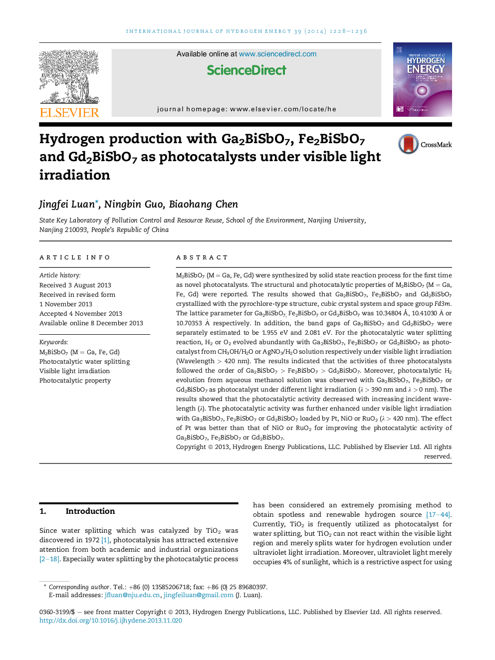 Hydrogen production with Ga2BiSbO7, Fe2BiSbO7 and Gd2BiSbO7 as photocatalysts under visible light irradiation