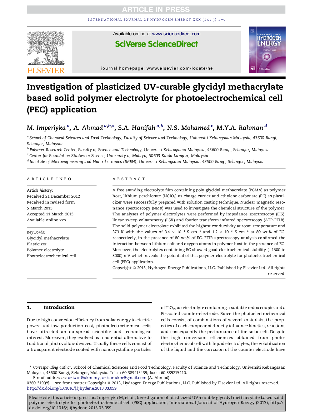 Investigation of plasticized UV-curable glycidyl methacrylate based solid polymer electrolyte for photoelectrochemical cell (PEC) application