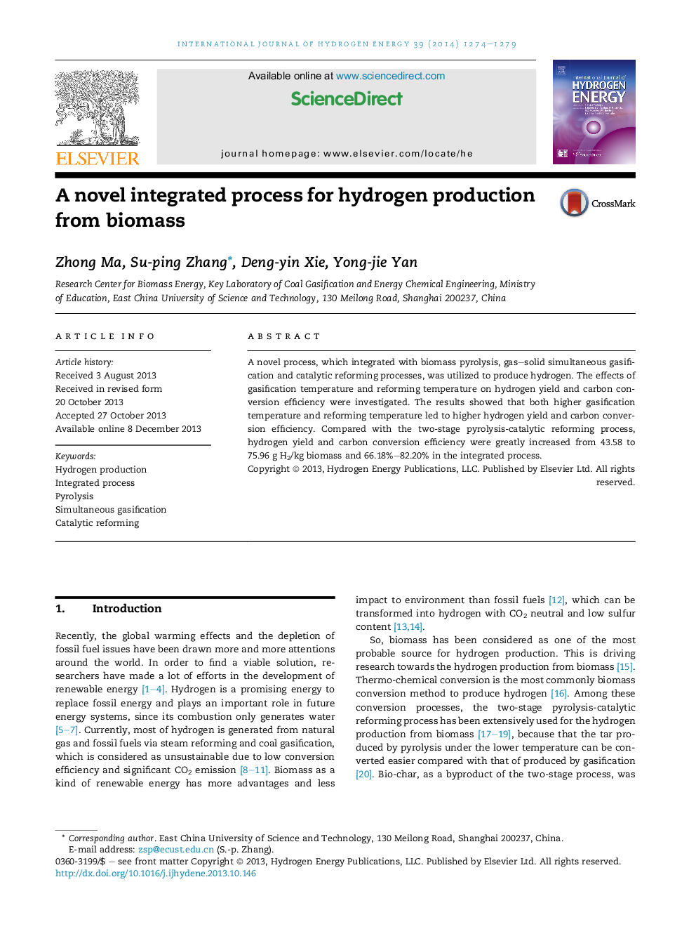 A novel integrated process for hydrogen production from biomass