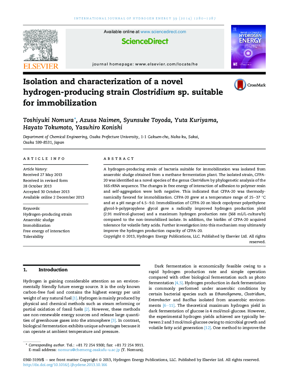 Isolation and characterization of a novel hydrogen-producing strain Clostridium sp. suitable for immobilization