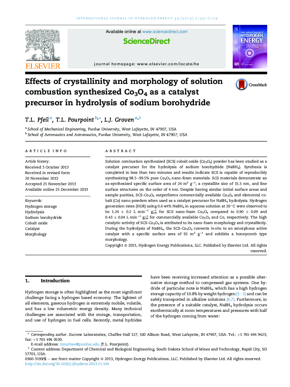 Effects of crystallinity and morphology of solution combustion synthesized Co3O4 as a catalyst precursor in hydrolysis of sodium borohydride