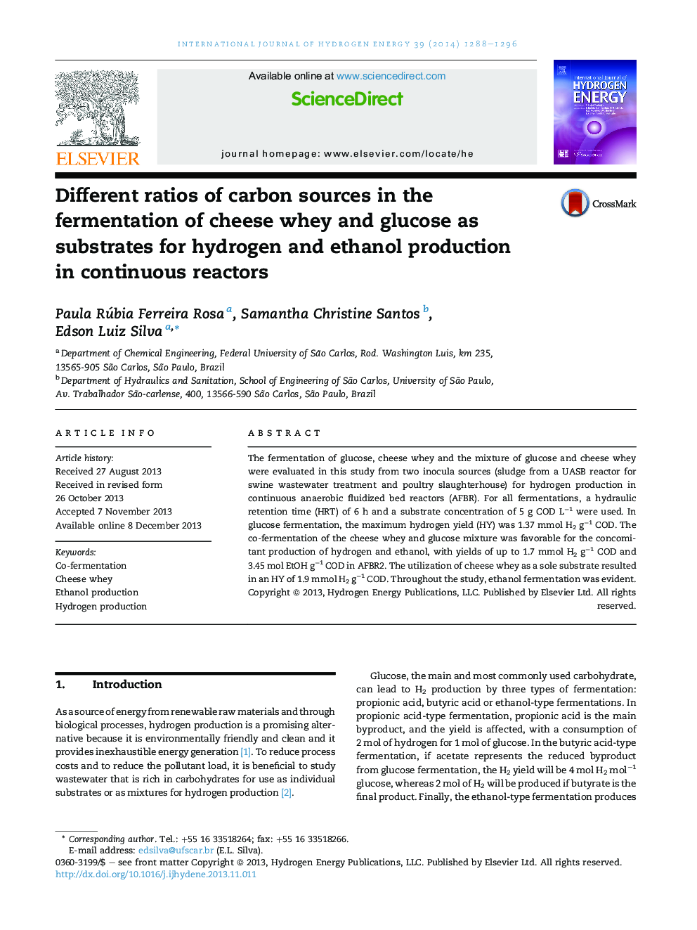 Different ratios of carbon sources in the fermentation of cheese whey and glucose as substrates for hydrogen and ethanol production in continuous reactors