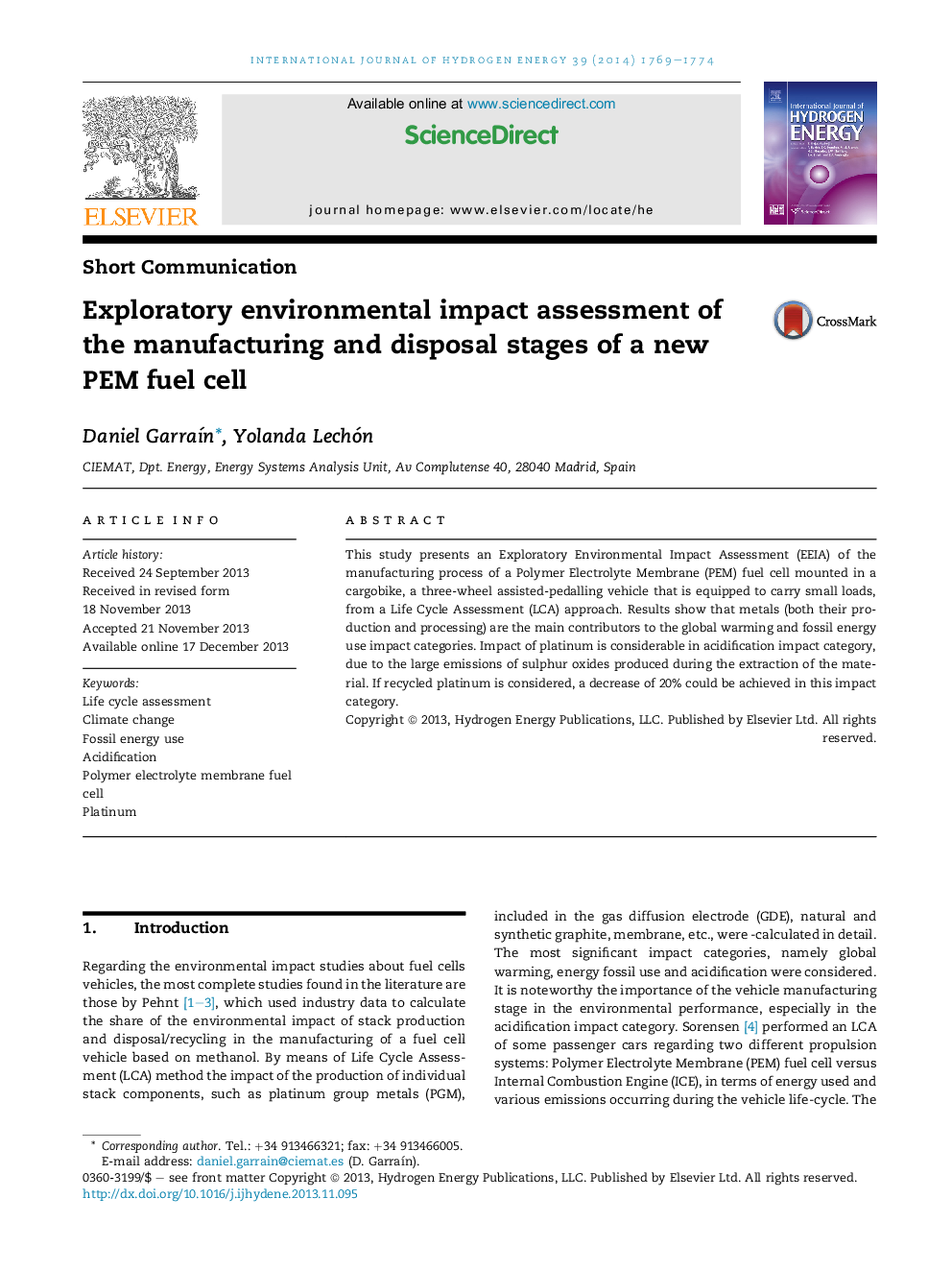 Exploratory environmental impact assessment of the manufacturing and disposal stages of a new PEM fuel cell