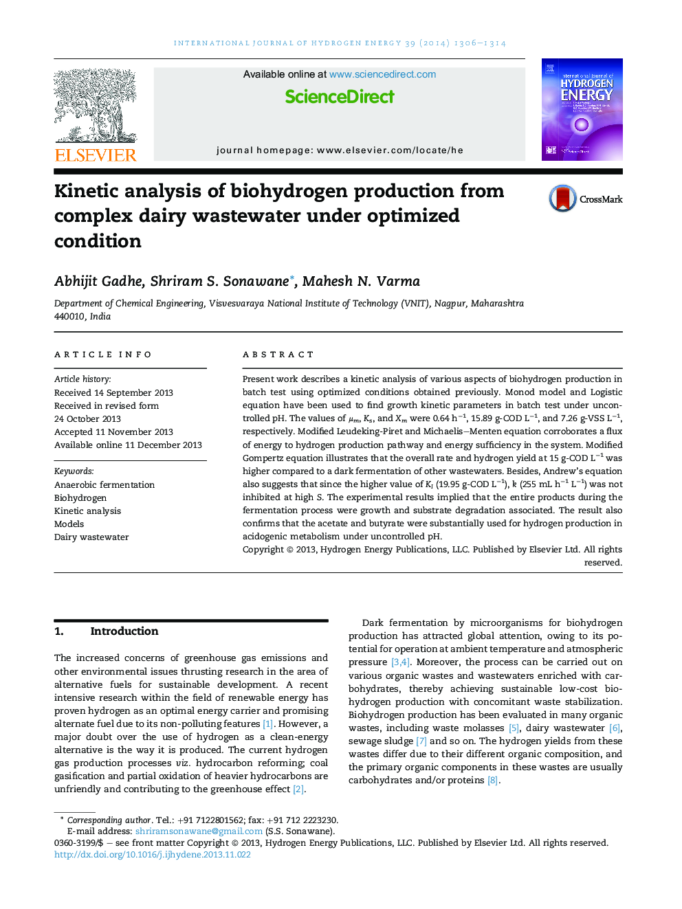 Kinetic analysis of biohydrogen production from complex dairy wastewater under optimized condition