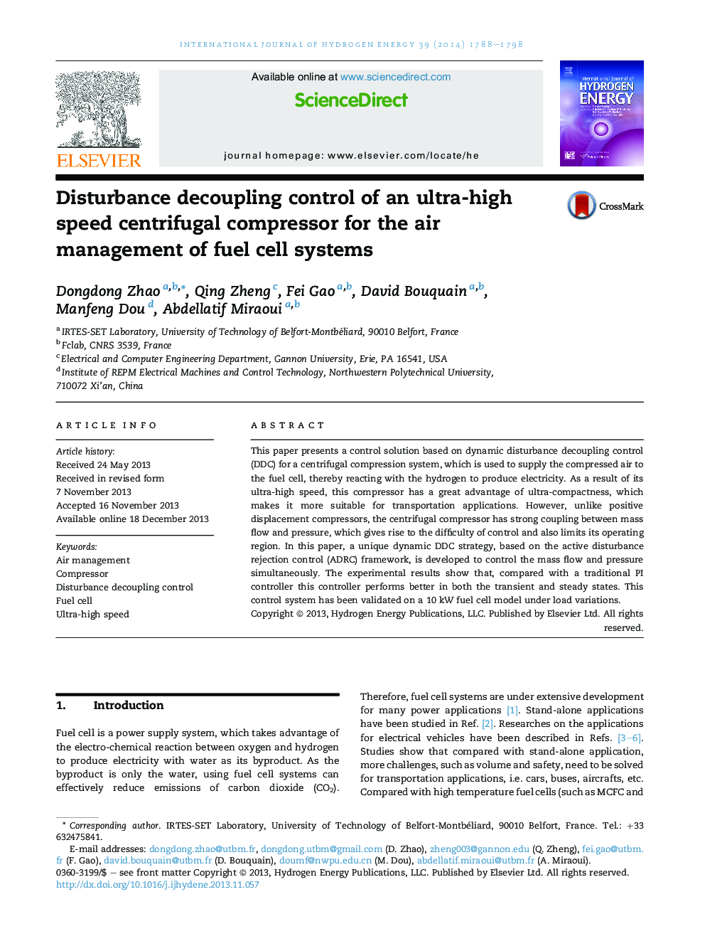 Disturbance decoupling control of an ultra-high speed centrifugal compressor for the air management of fuel cell systems