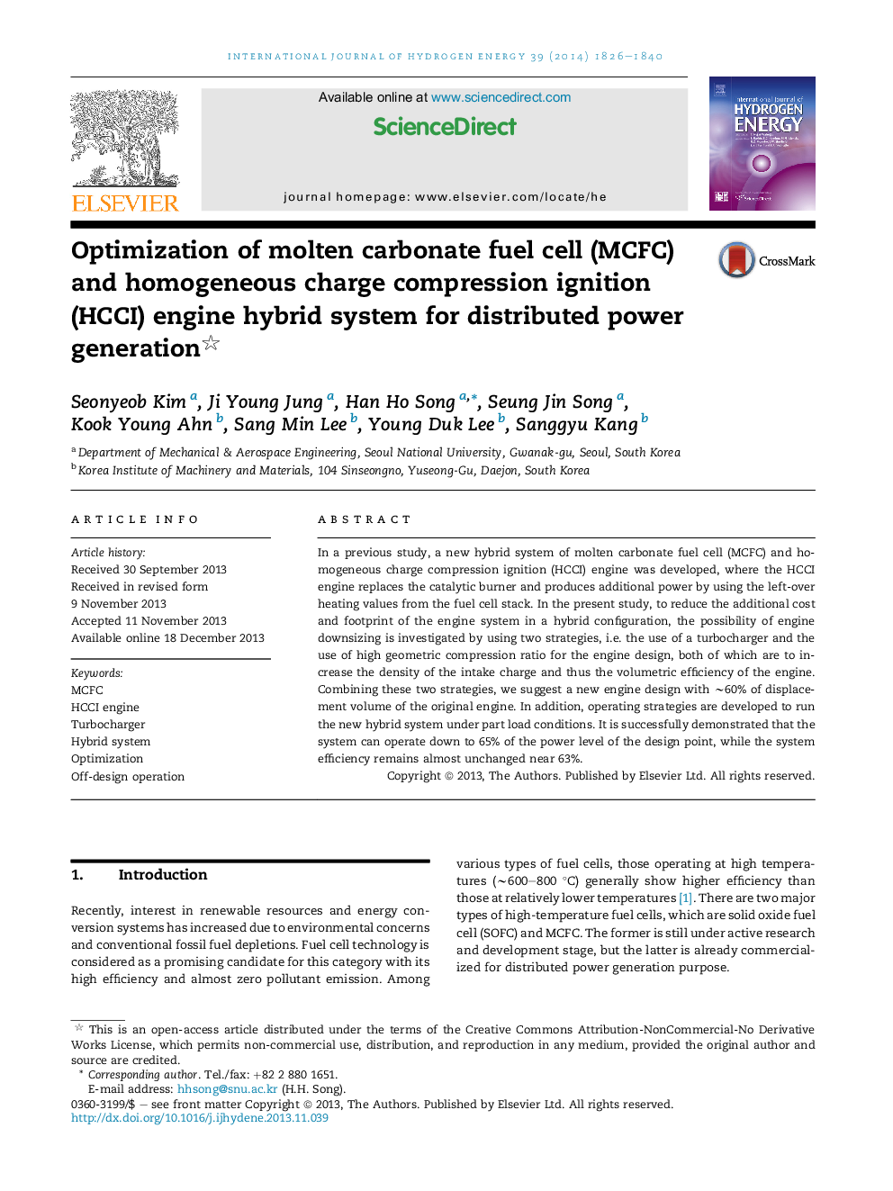 Optimization of molten carbonate fuel cell (MCFC) and homogeneous charge compression ignition (HCCI) engine hybrid system for distributed power generation