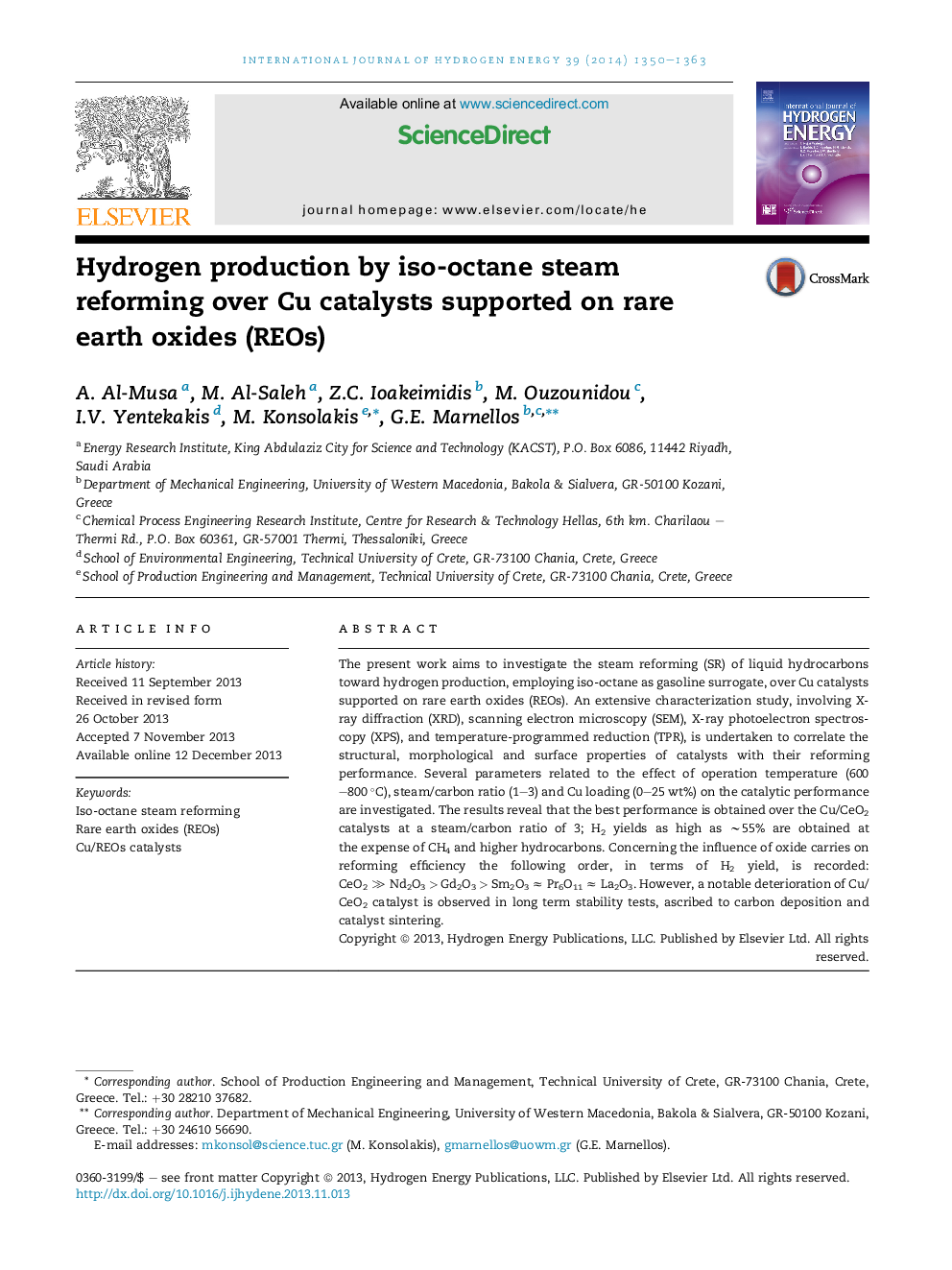 Hydrogen production by iso-octane steam reforming over Cu catalysts supported on rare earth oxides (REOs)