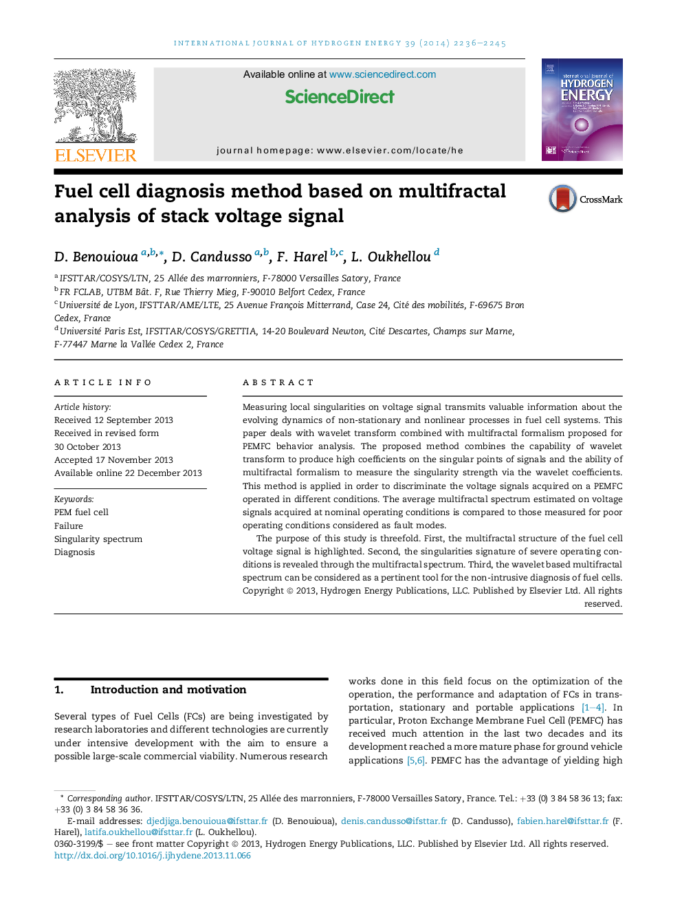 Fuel cell diagnosis method based on multifractal analysis of stack voltage signal