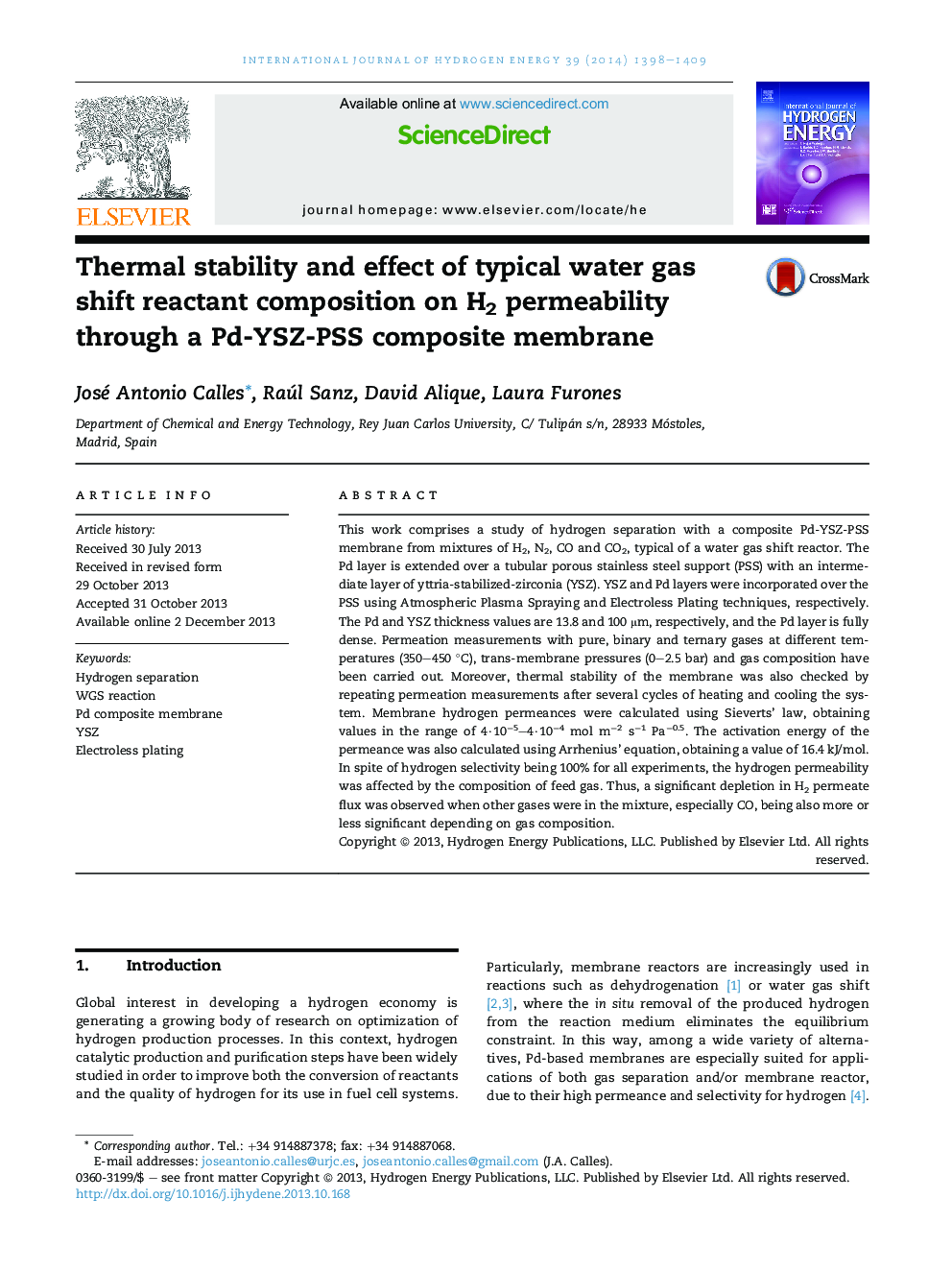 Thermal stability and effect of typical water gas shift reactant composition on H2 permeability through a Pd-YSZ-PSS composite membrane