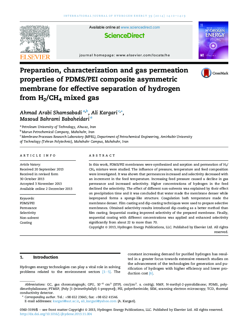 Preparation, characterization and gas permeation properties of PDMS/PEI composite asymmetric membrane for effective separation of hydrogen from H2/CH4 mixed gas