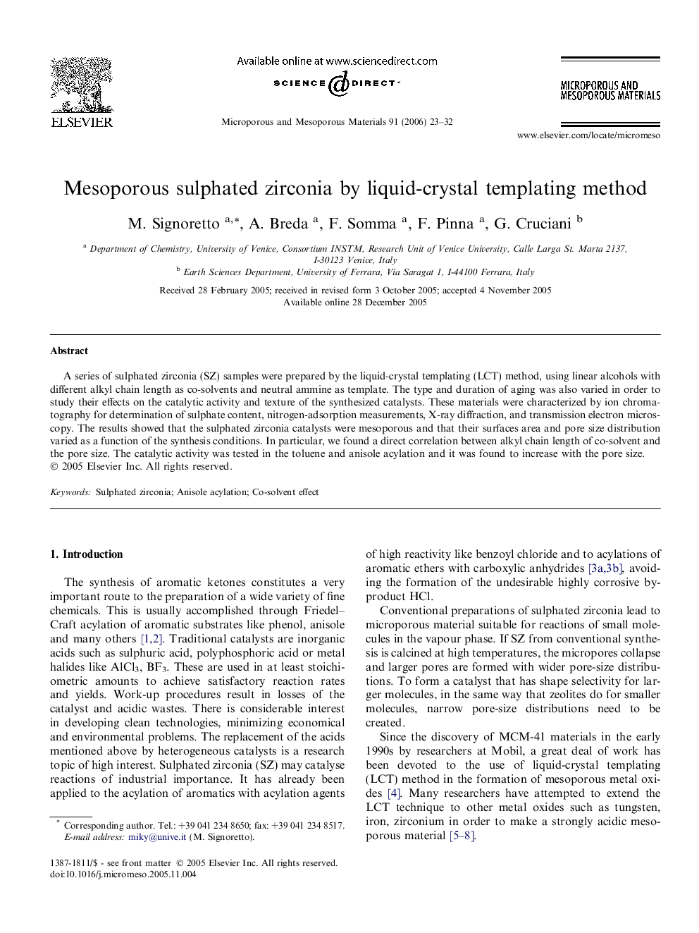 Mesoporous sulphated zirconia by liquid-crystal templating method