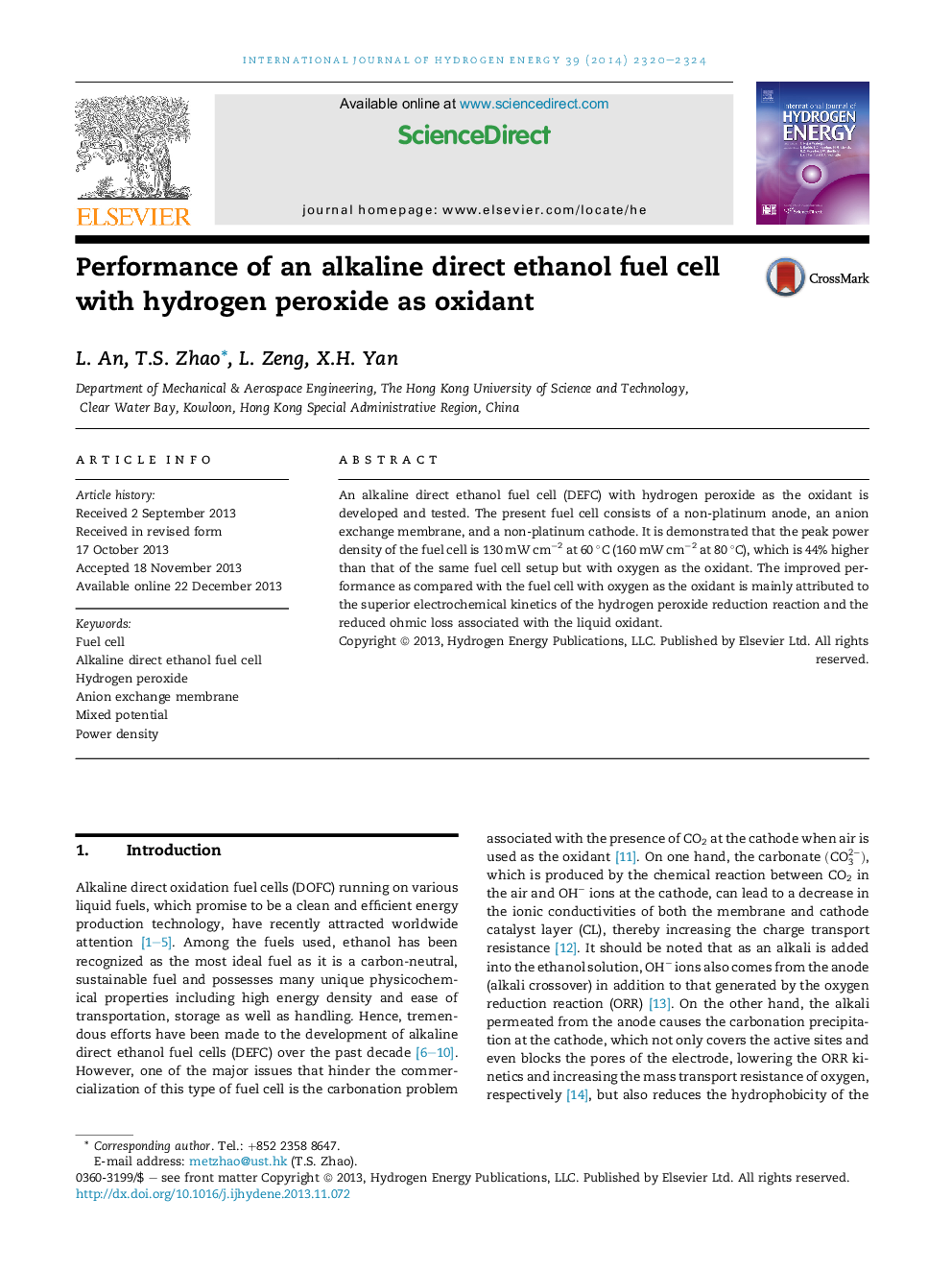 Performance of an alkaline direct ethanol fuel cell with hydrogen peroxide as oxidant