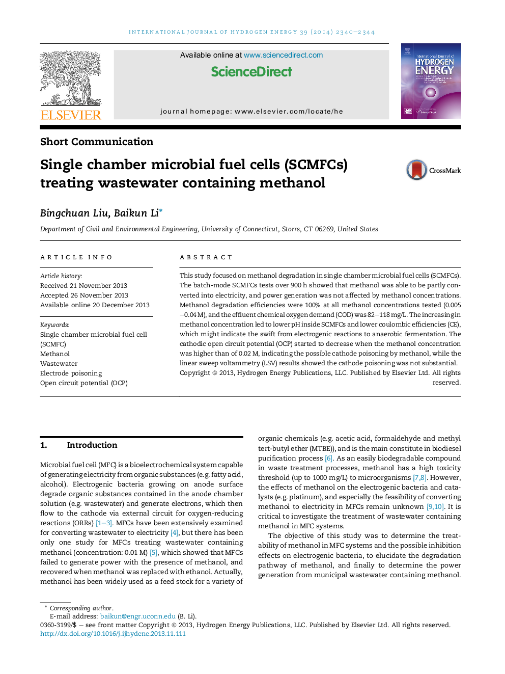 Single chamber microbial fuel cells (SCMFCs) treating wastewater containing methanol