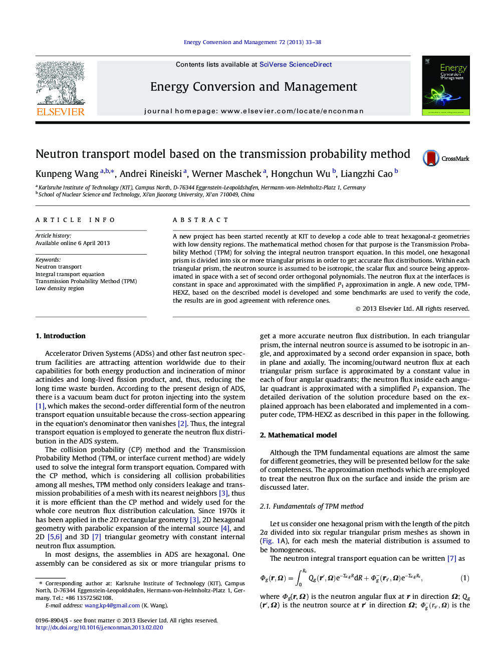 Neutron transport model based on the transmission probability method