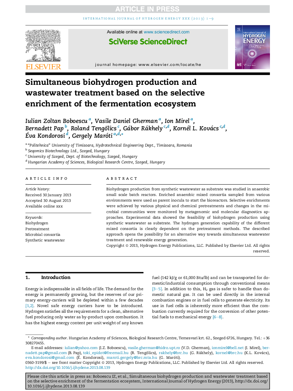 Simultaneous biohydrogen production and wastewater treatment based on the selective enrichment of the fermentation ecosystem