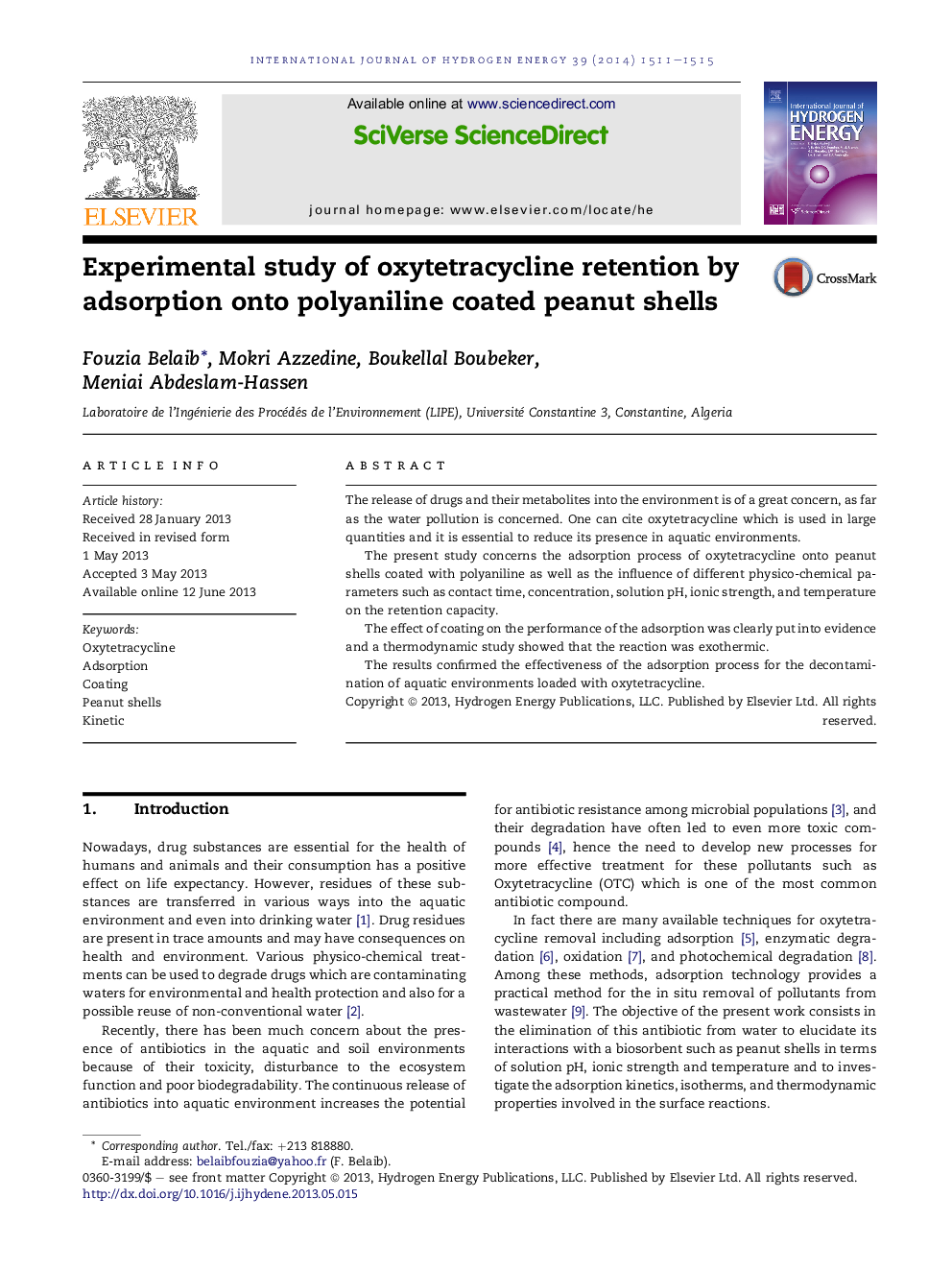 Experimental study of oxytetracycline retention by adsorption onto polyaniline coated peanut shells