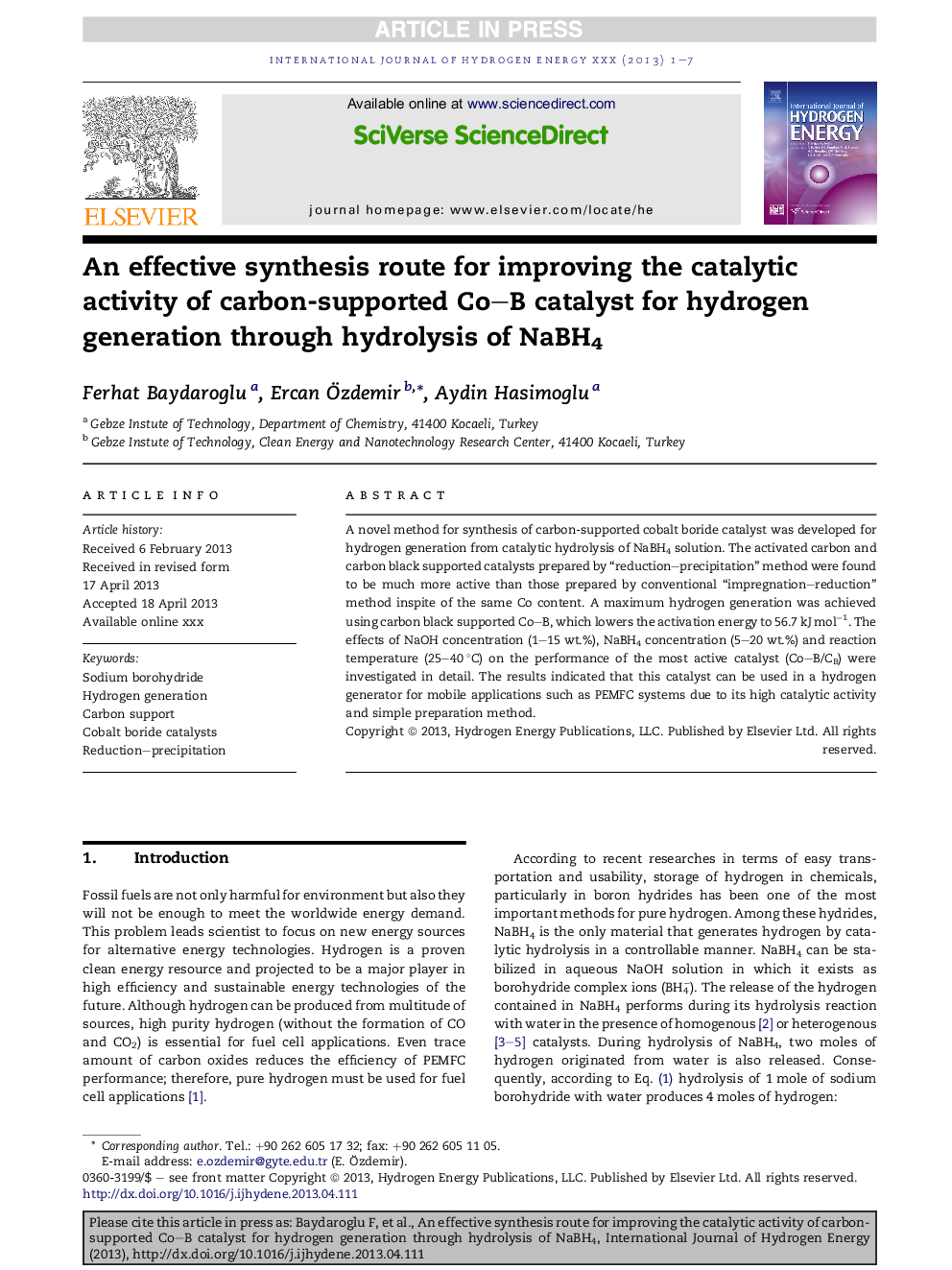 An effective synthesis route for improving the catalytic activity of carbon-supported Co-B catalyst for hydrogen generation through hydrolysis of NaBH4