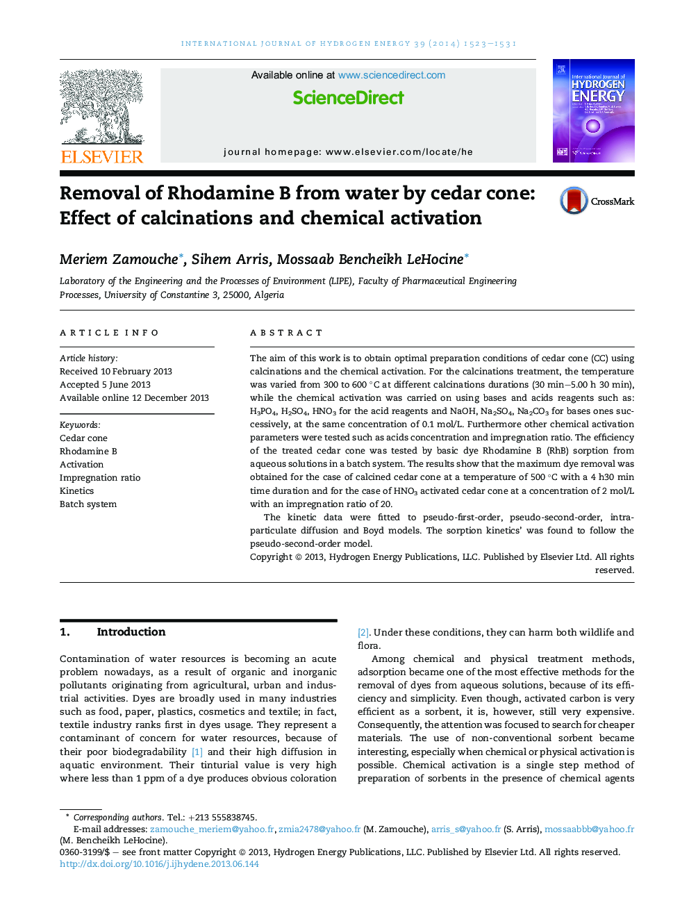 Removal of Rhodamine B from water by cedar cone: Effect of calcinations and chemical activation
