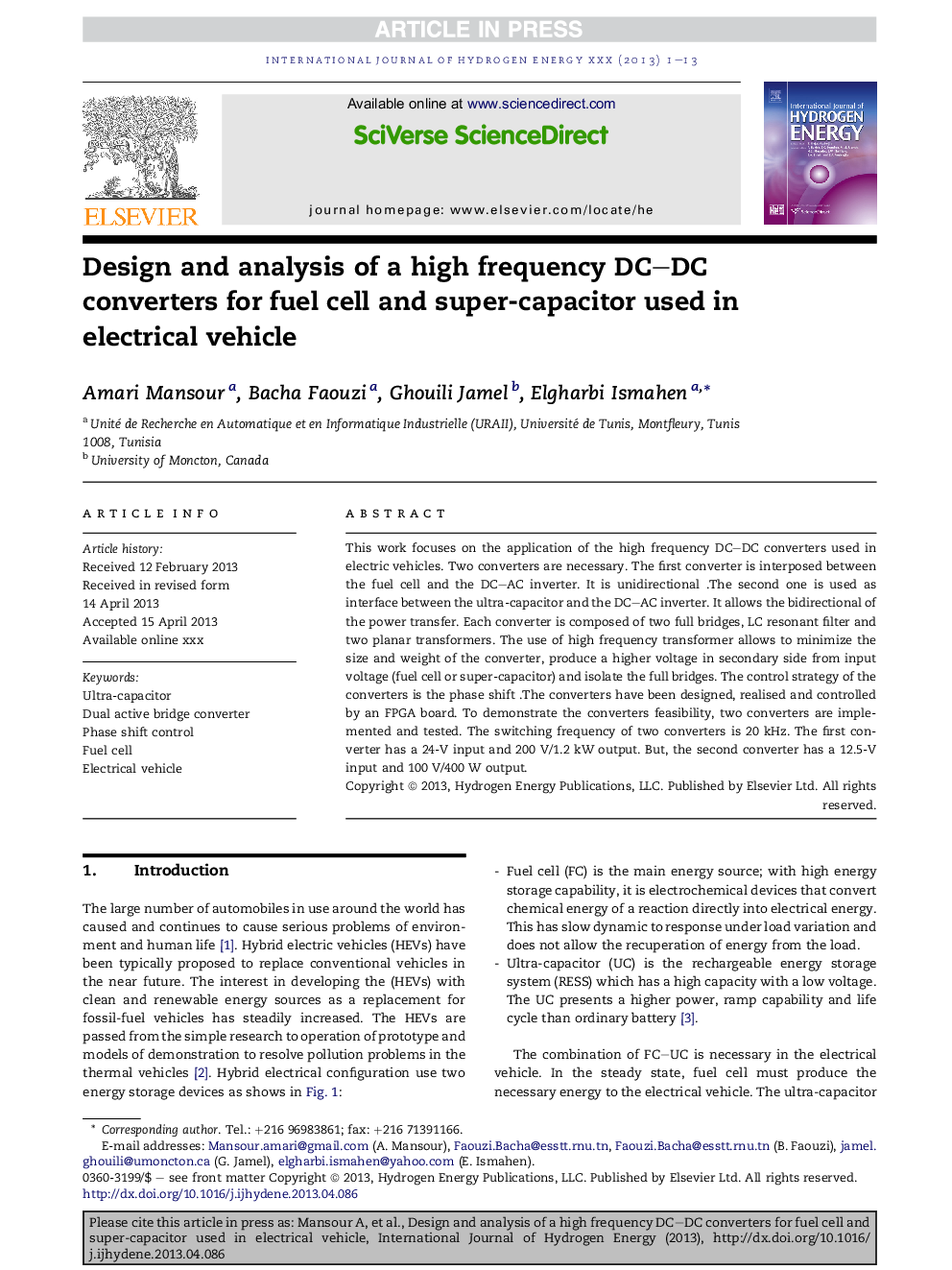 Design and analysis of a high frequency DC-DC converters forÂ fuel cell and super-capacitor used in electrical vehicle