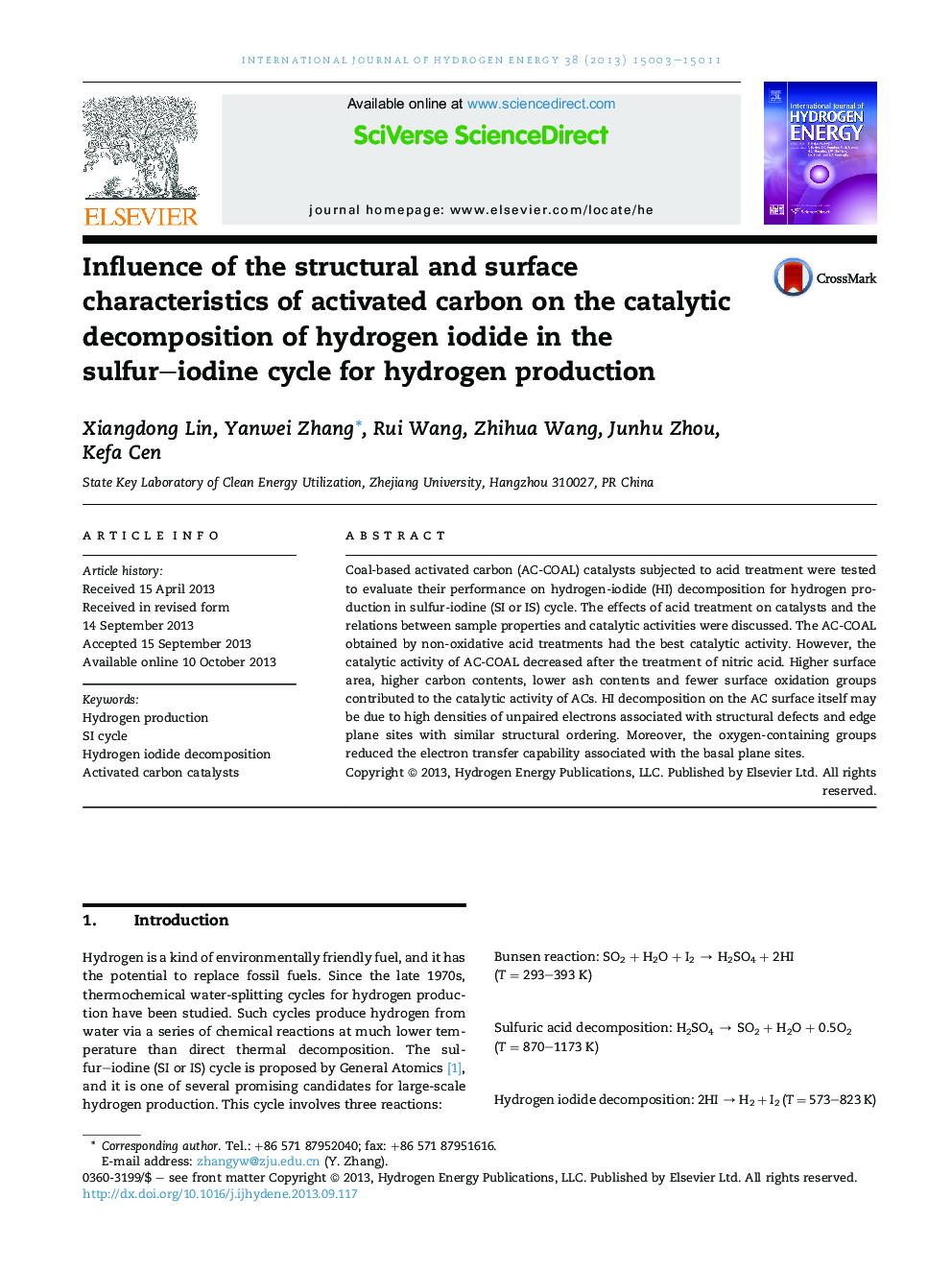 Influence of the structural and surface characteristics of activated carbon on the catalytic decomposition of hydrogen iodide in the sulfur-iodine cycle for hydrogen production