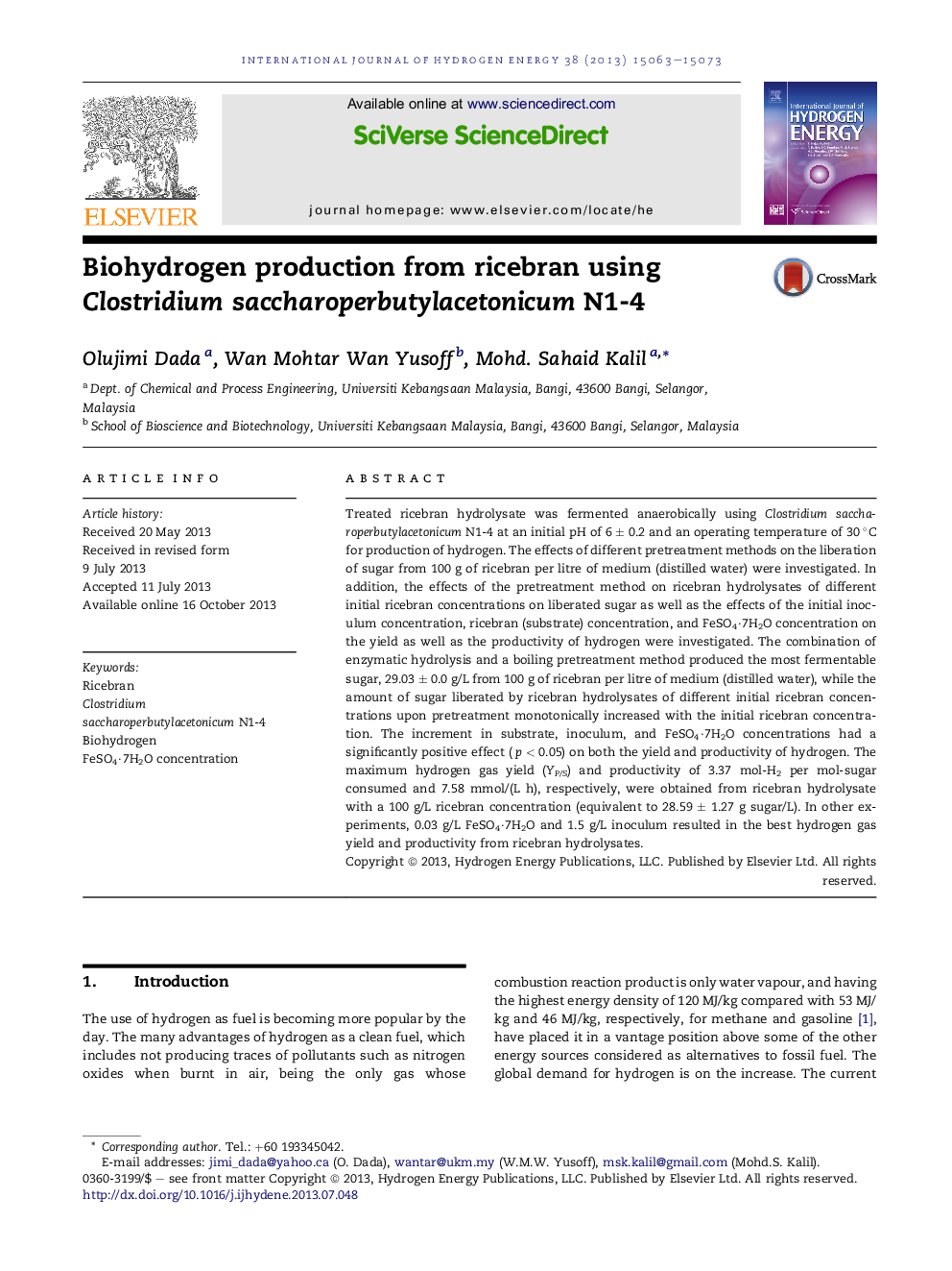 Biohydrogen production from ricebran using Clostridium saccharoperbutylacetonicum N1-4