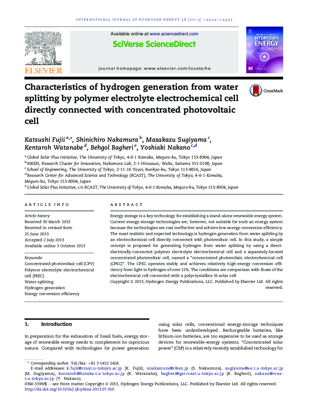 Characteristics of hydrogen generation from water splitting by polymer electrolyte electrochemical cell directly connected with concentrated photovoltaic cell